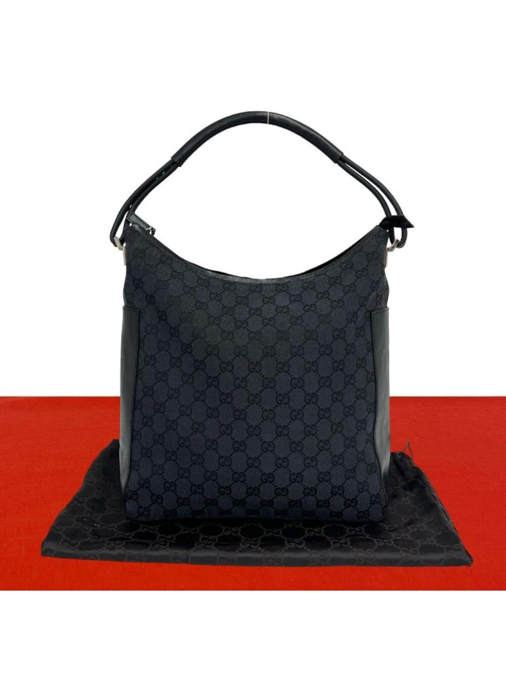 Gucci GG Logo Pattern Canvas Leather Shoulder Bag Tote Black
